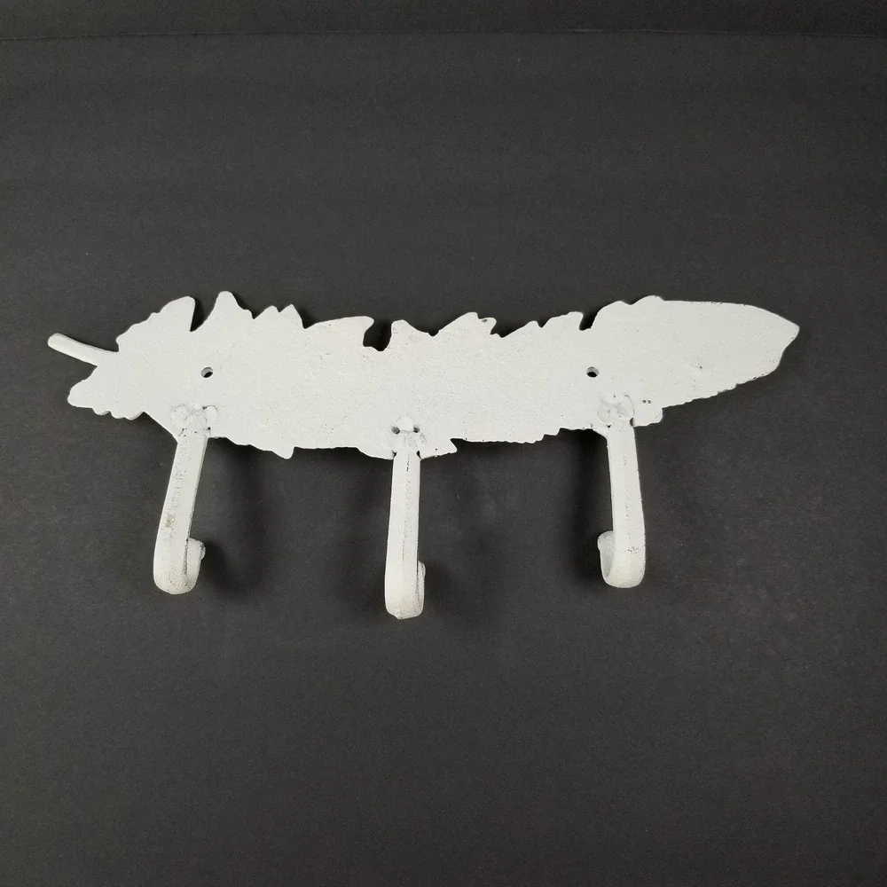 Cast Iron Feather Wall Hook Rack 3 Hooks Distressed White Rustic‎ Farmhouse 11.5